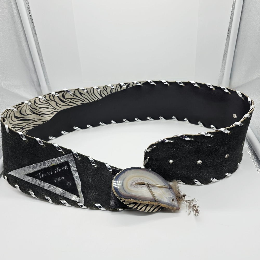 Handmade Leather Agate Geode Stone Belt Zebra Print Wearable Art 36 x 3.5
